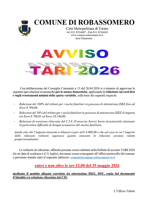 Agevolazione Comunale TARI 2026